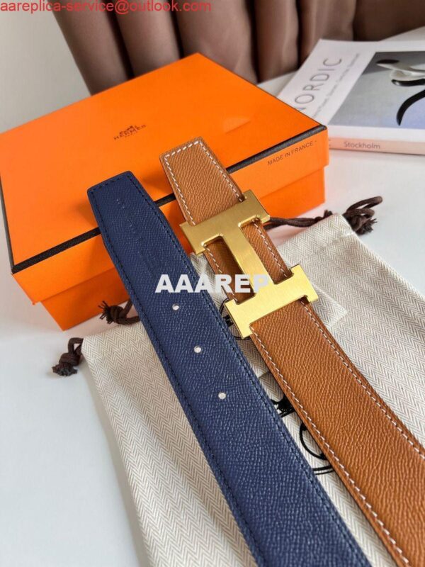 Replica Hermes H Reversible Belt 38MM in Blue and Gold Epsom Leather 6