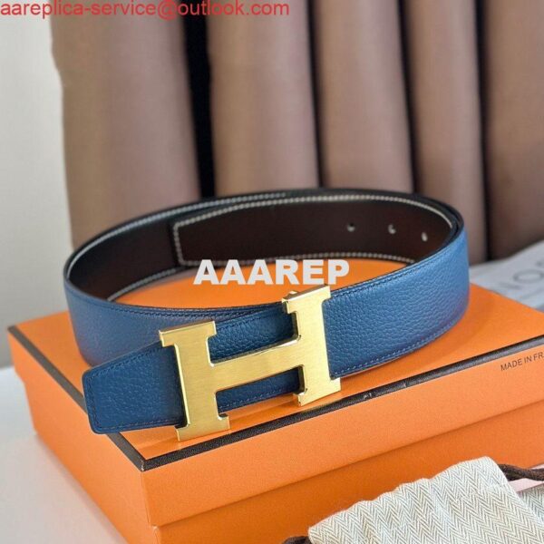 Replica Hermes H Reversible Belt 38MM in Blue Clemence Leather 3