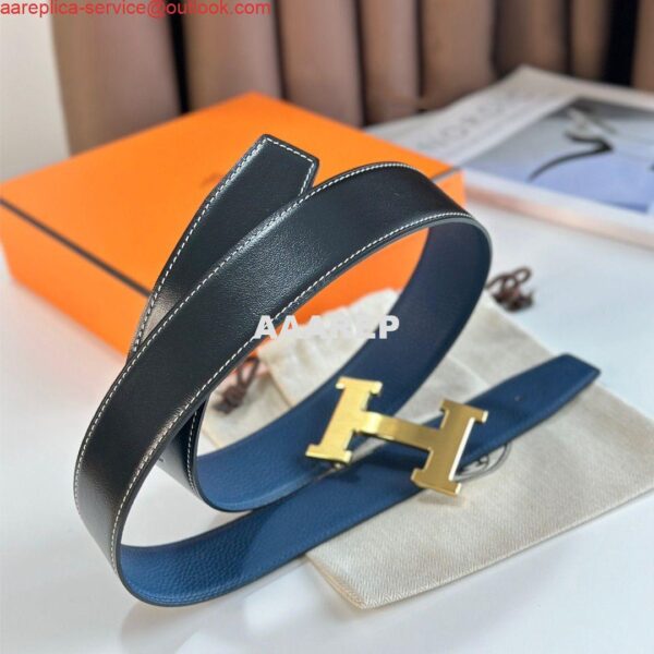 Replica Hermes H Reversible Belt 38MM in Blue Clemence Leather 4