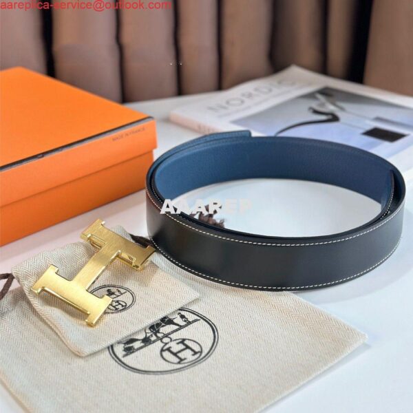 Replica Hermes H Reversible Belt 38MM in Blue Clemence Leather 6