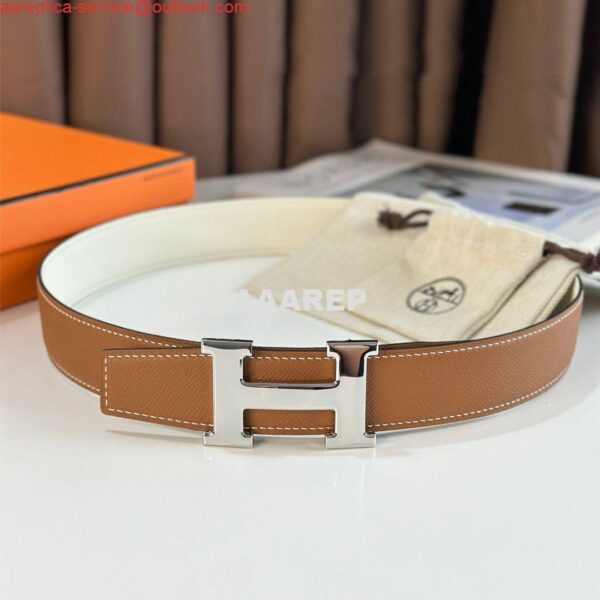 Replica Hermes H Reversible Belt 38MM in White and Gold Epsom Leather 4