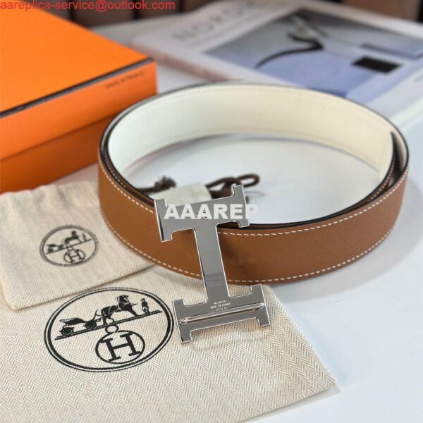 Replica Hermes H Reversible Belt 38MM in White and Gold Epsom Leather 7