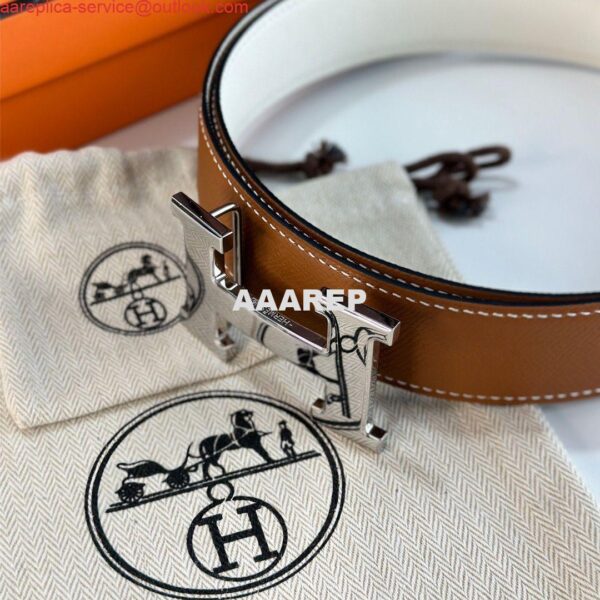 Replica Hermes H Reversible Belt 38MM in White and Gold Epsom Leather 8