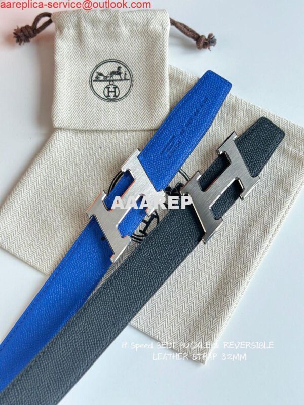 Replica Hermes H Speed Reversible Belt 32MM in Blue and Green Epsom Calfskin 4