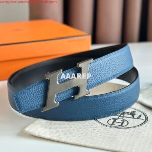 Replica Hermes H Speed Reversible Belt 32MM in Blue Jean Clemence Leather