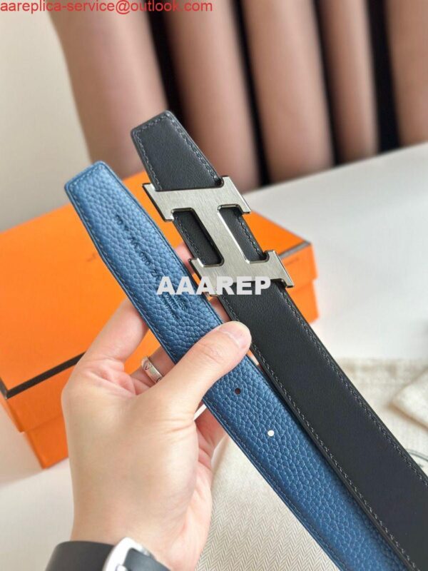 Replica Hermes H Speed Reversible Belt 32MM in Blue Jean Clemence Leather 5