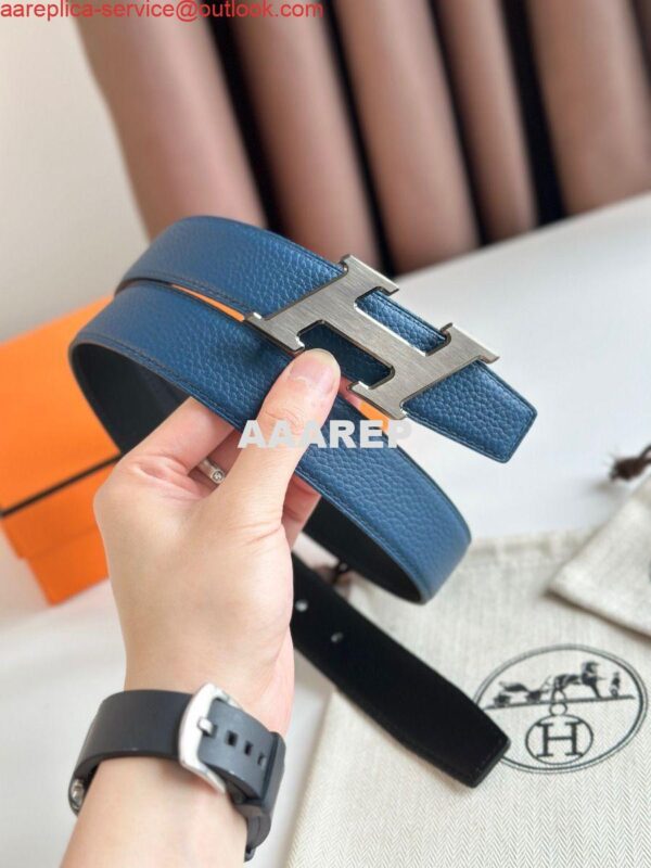 Replica Hermes H Speed Reversible Belt 32MM in Blue Jean Clemence Leather 7