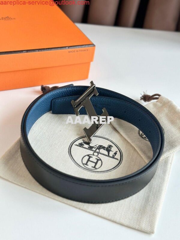 Replica Hermes H Speed Reversible Belt 32MM in Blue Jean Clemence Leather 9