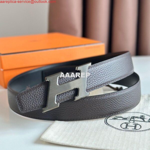 Replica Hermes H Speed Reversible Belt 32MM in Chocolate Clemence Leather 3