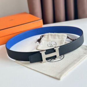 Replica Hermes H Striee Reversible Belt 32MM in Blue and Black Epsom Calfskin 2