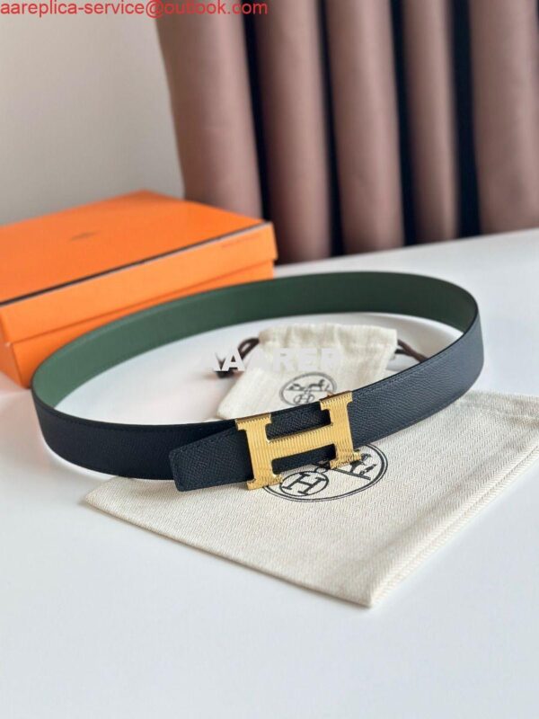 Replica Hermes H Striee Reversible Belt 32MM in Green and Black Epsom Calfskin 4