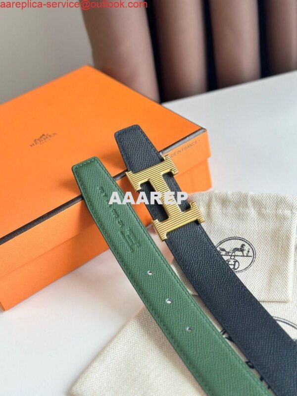 Replica Hermes H Striee Reversible Belt 32MM in Green and Black Epsom Calfskin 6