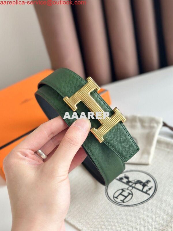 Replica Hermes H Striee Reversible Belt 32MM in Green and Black Epsom Calfskin 7