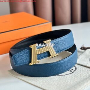 Replica Hermes H Take Off Reversible Belt 32MM in Blue Clemence Leather