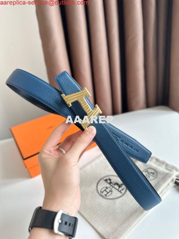 Replica Hermes H Take Off Reversible Belt 32MM in Blue Clemence Leather 5