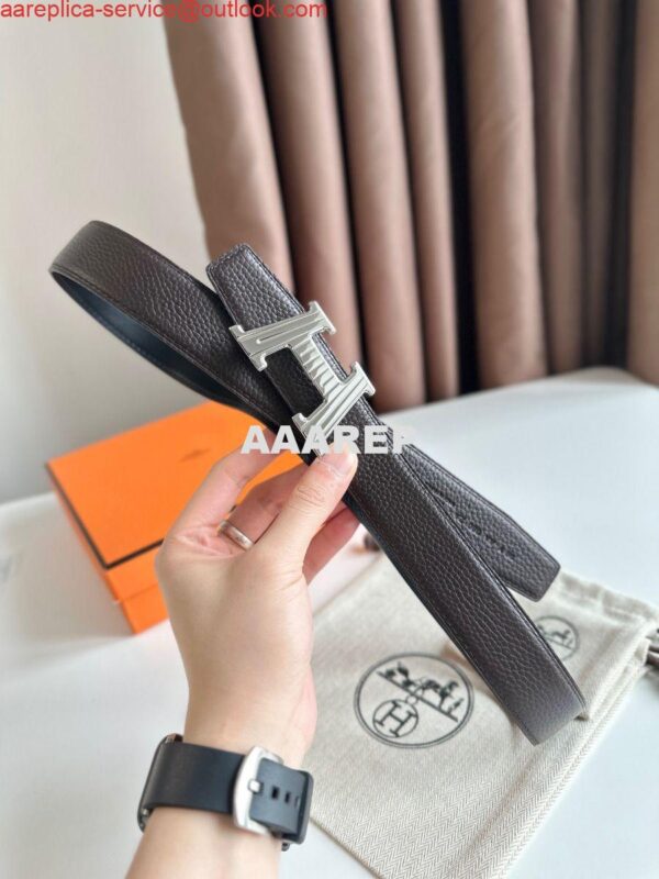 Replica Hermes H Take Off Reversible Belt 32MM in Chocolate Clemence Leather 5