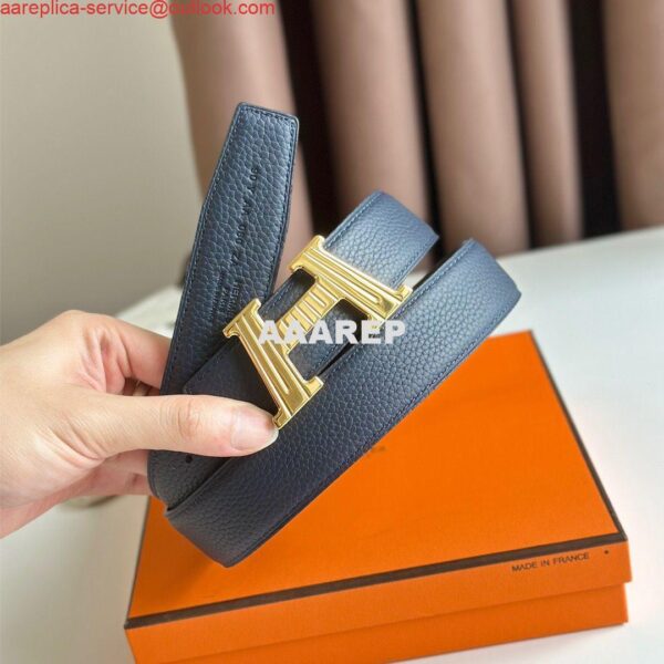 Replica Hermes H Take Off Reversible Belt 32MM in Dark Blue Clemence Leather 5