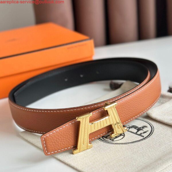 Replica Hermes H Take Off Reversible Belt 32MM in Gold Clemence Leather 3