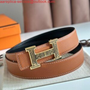 Replica Hermes H Touareg Reversible Belt 32MM in Gold Clemence Leather