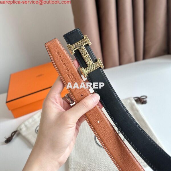 Replica Hermes H Touareg Reversible Belt 32MM in Gold Clemence Leather 6