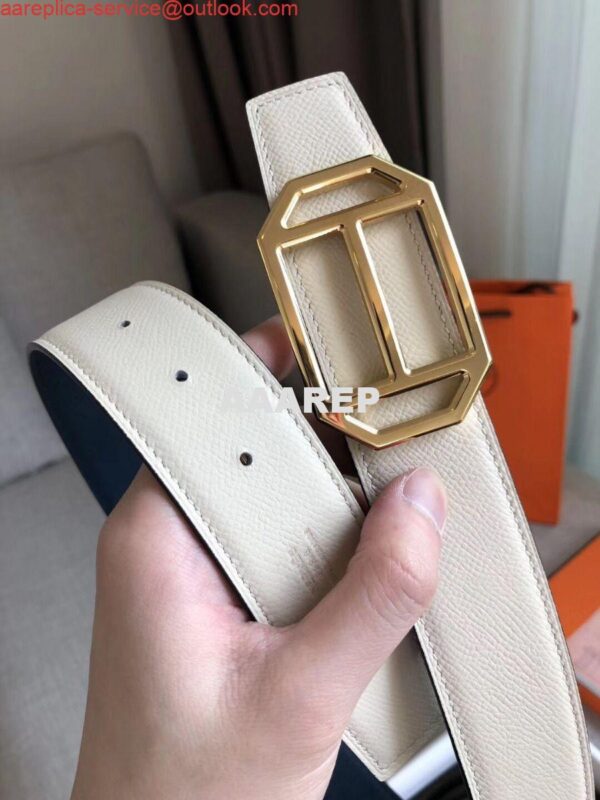 Replica Hermes Pad Reversible Belt In Blue/White Epsom Leather 6