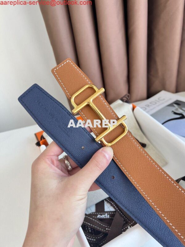 Replica Hermes Royal Reversible Belt 38MM in Blue and Gold Epsom Calfskin 9