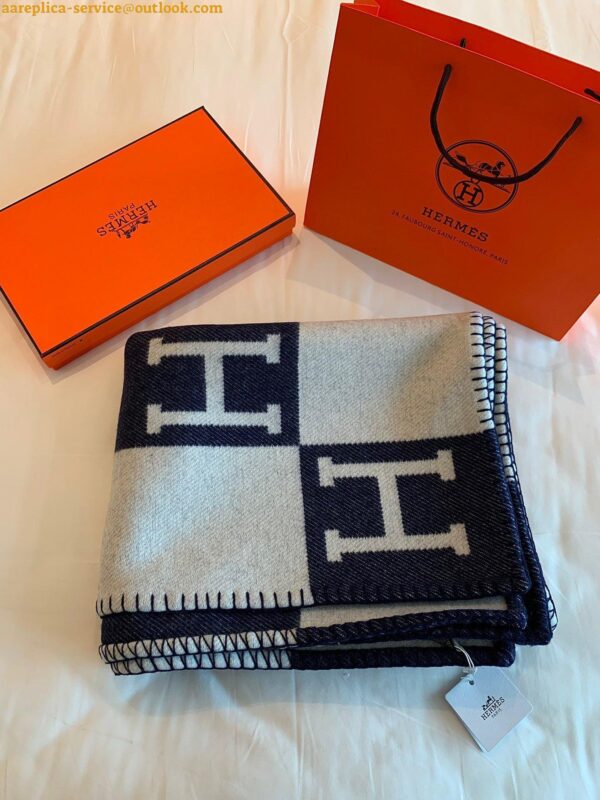 Replica Hermes Avalon III Throw Blanket in Blue Wool and Cashmere 7