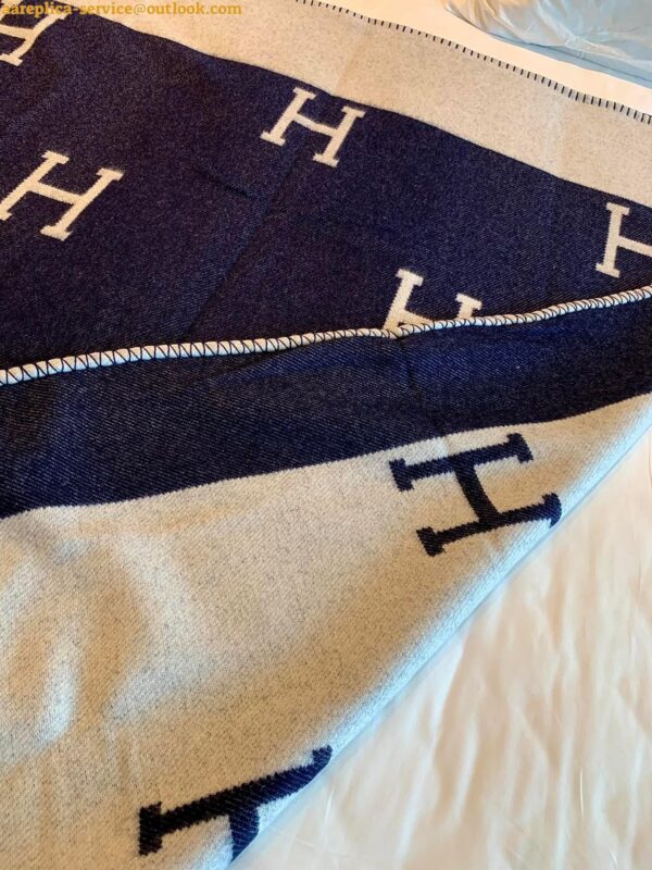 Replica Hermes Avalon III Throw Blanket in Blue Wool and Cashmere 8