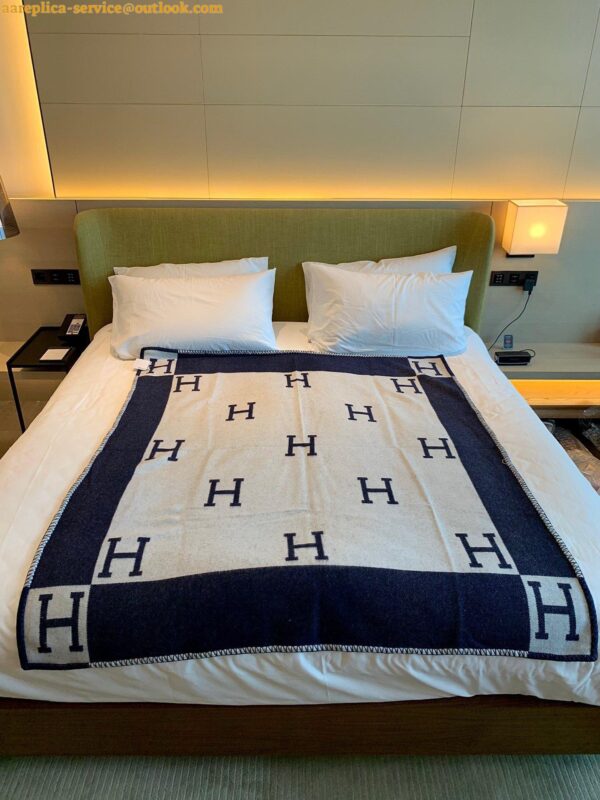 Replica Hermes Avalon III Throw Blanket in Blue Wool and Cashmere 10