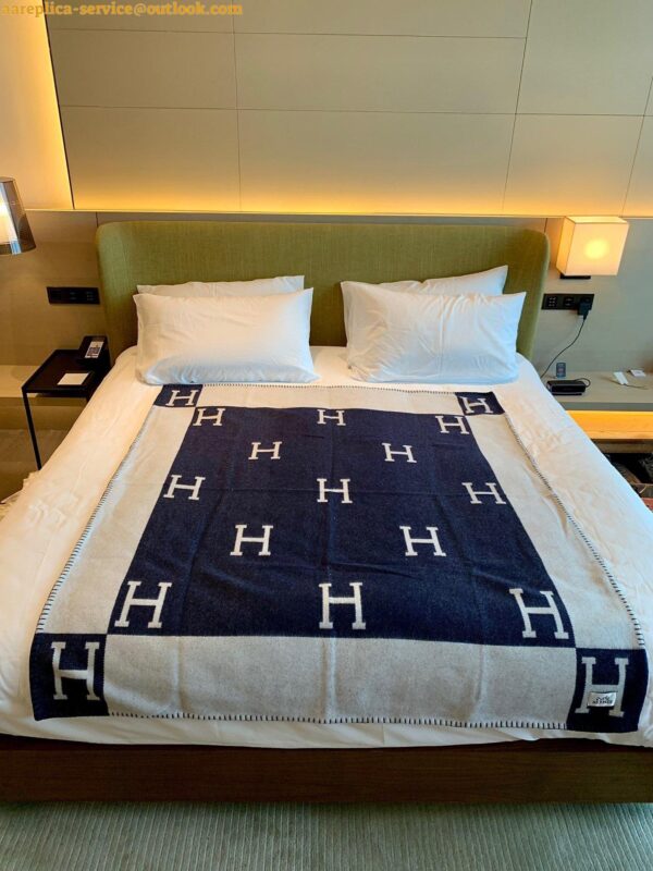 Replica Hermes Avalon III Throw Blanket in Blue Wool and Cashmere 11