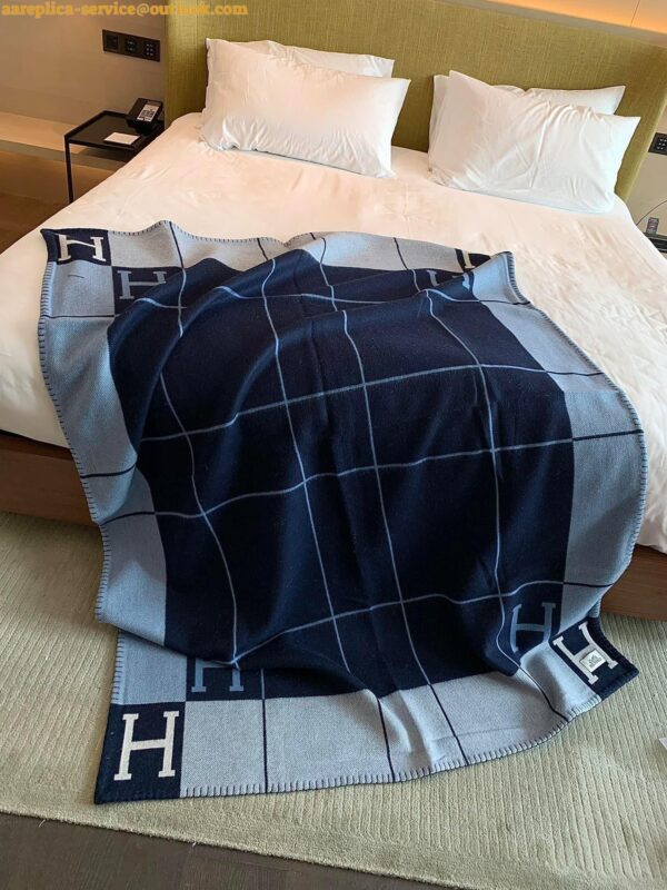 Replica Hermes Avalon III Throw Blanket in Blue Wool and Cashmere 15