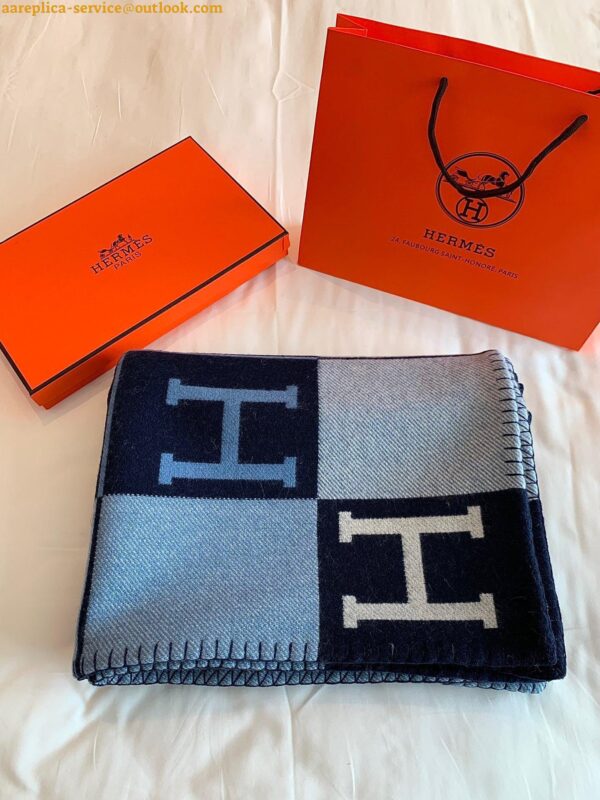 Replica Hermes Avalon III Throw Blanket in Blue Wool and Cashmere 16