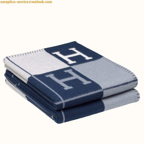 Replica Hermes Avalon III Throw Blanket in Blue Wool and Cashmere 21