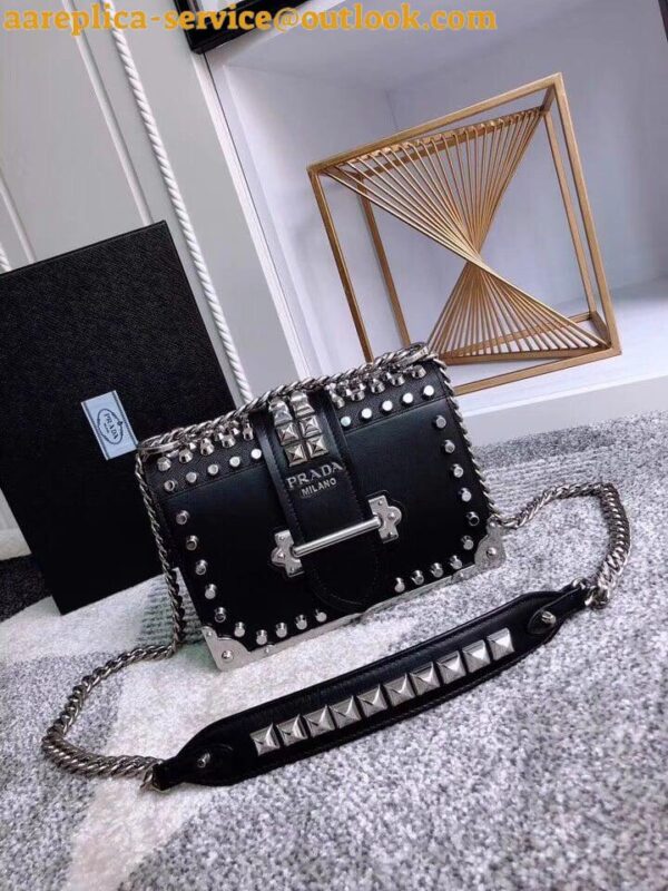 Replica Prada Cahier Black Leather Shoulder Bag with Studded 2