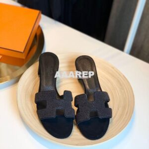 Replica Hermes Oasis Sandals with Crystals in Black 2