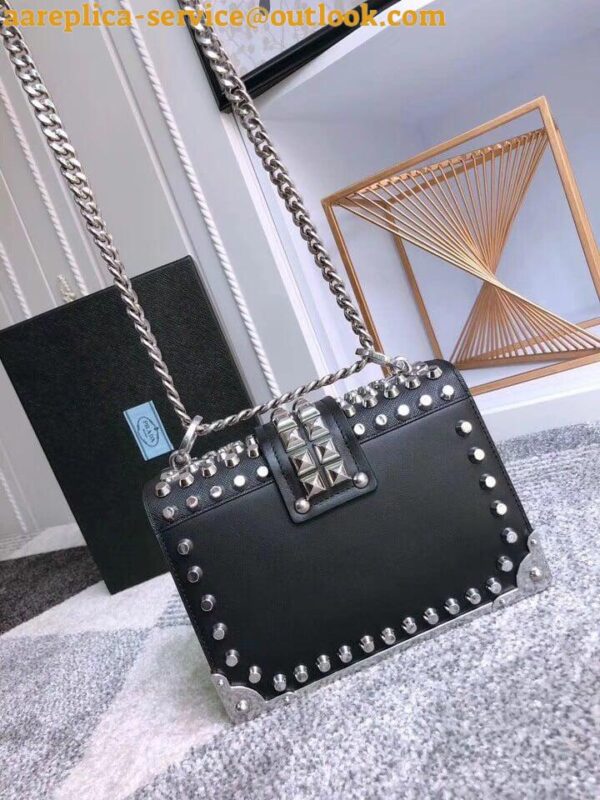 Replica Prada Cahier Black Leather Shoulder Bag with Studded 11