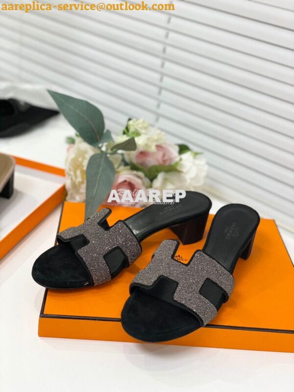 Replica Hermes Oasis Sandals with Silver Crystals in Black 5