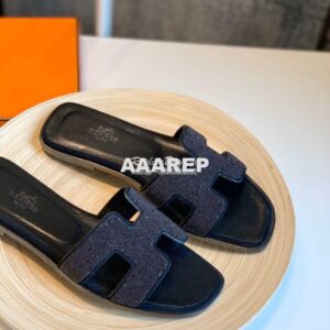 Replica Hermes Oran Sandals with Crystals in Black 2