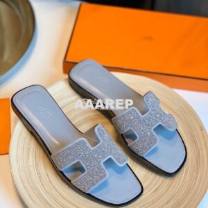 Replica Hermes Oran Sandals with Crystals in Grey