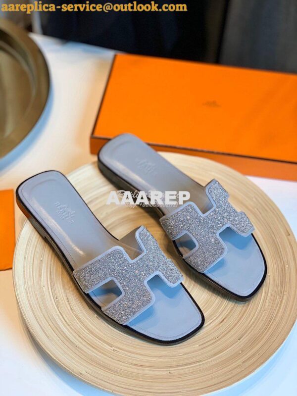 Replica Hermes Oran Sandals with Crystals in Grey 3