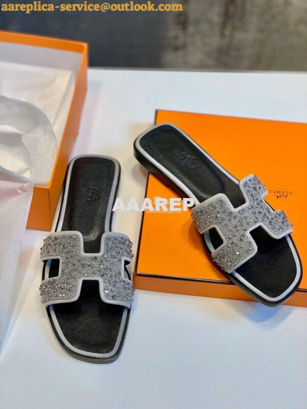 Replica Hermes Oran Sandals with Swarovski Beads Silver 3