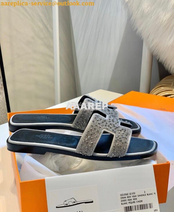 Replica Hermes Oran Sandals with Swarovski Beads Silver 5