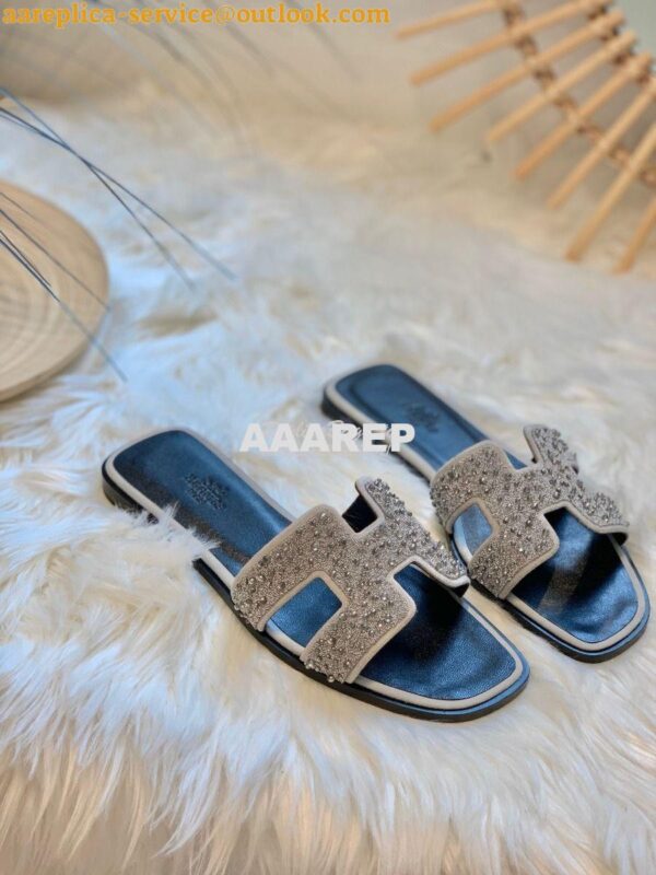 Replica Hermes Oran Sandals with Swarovski Beads Silver 6