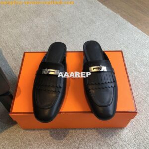 Replica Hermes OZ Mule in fringed calfskin H241068Z Black 2