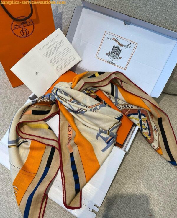 Replica Hermes Beige/Orange Voitures en Equilibre Shawl 140 5