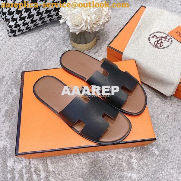 Replica Hermes Izmir Sandals in Smooth Calfskin H181403 Black Brown 4