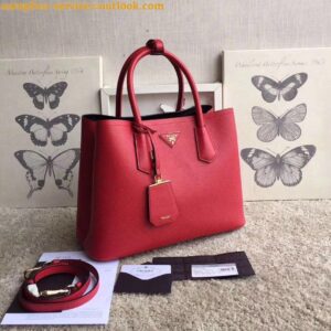 Replica Prada Double Medium Tote Bag In Red Saffiano Leather