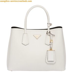 Replica Prada Double Medium Tote Bag In White Saffiano Leather