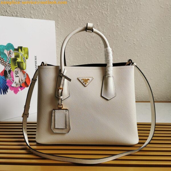 Replica Prada Double Medium Tote Bag In White Saffiano Leather 5