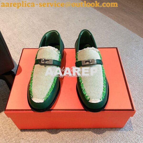 Replica Hermes Destin Loafer Calfskin and Fringed Canvas H231065Z Vert 4